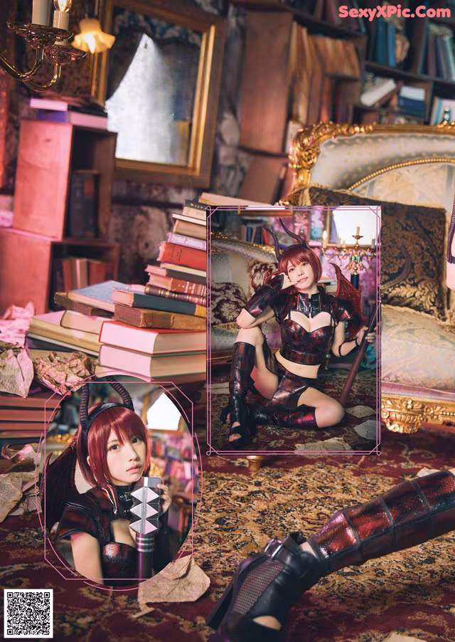 A woman in a red and black outfit sitting on a bed.