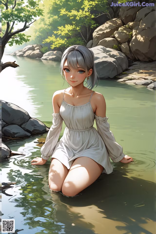 A girl in a white dress sitting in the water.