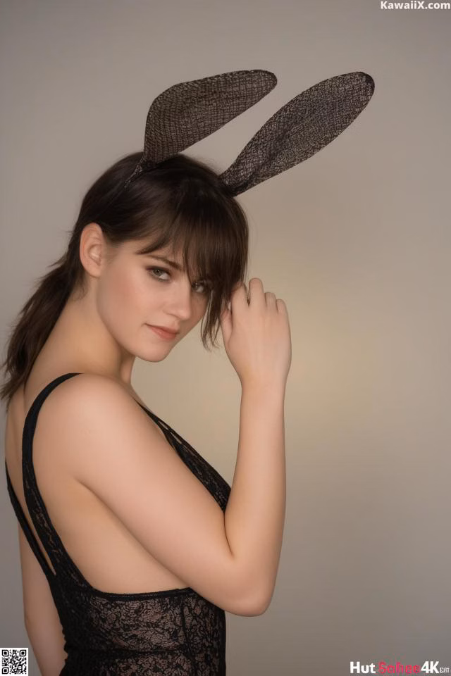 A woman in a black dress with bunny ears on her head.