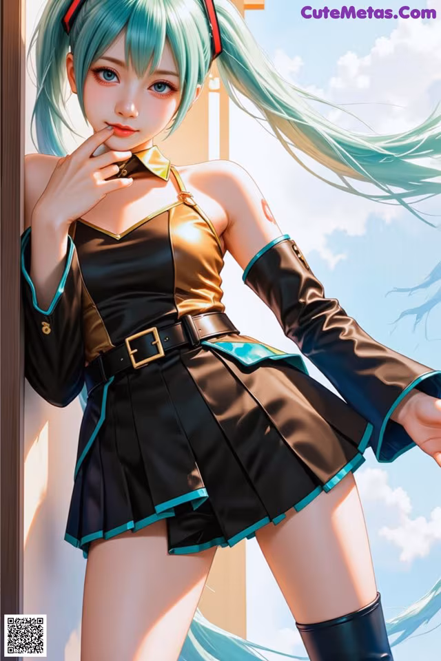 A girl with long green hair wearing a black and gold outfit.