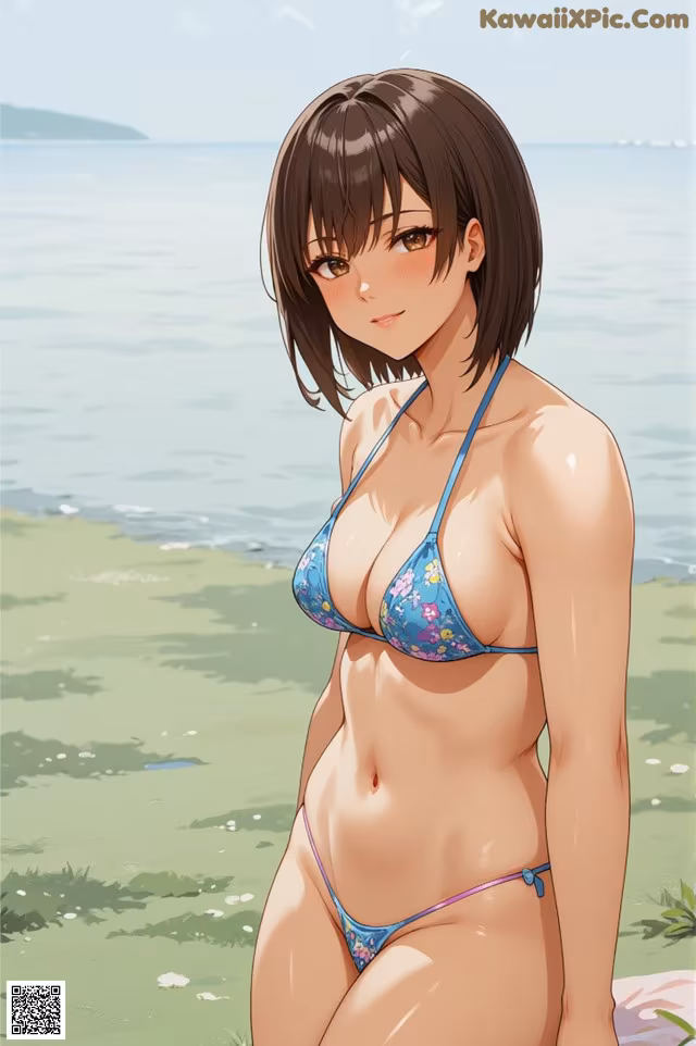 A woman in a bikini standing on a beach.