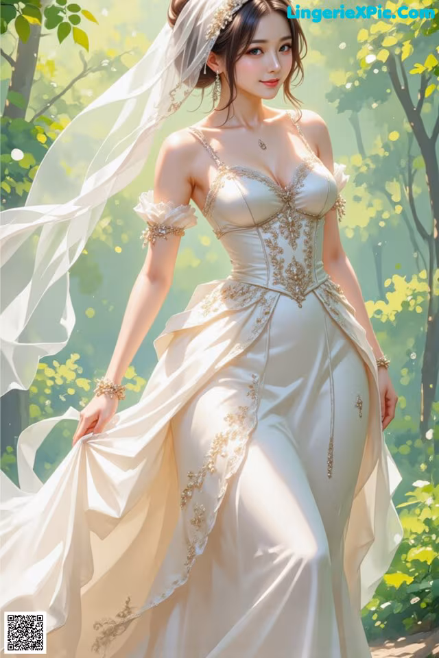 A woman in a wedding dress walking through a forest.