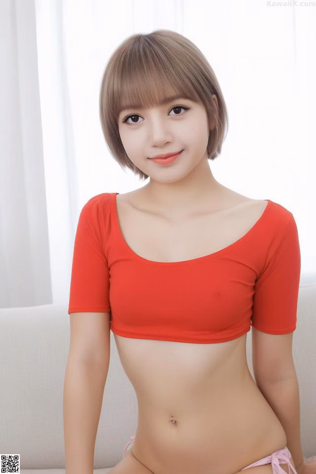A woman in a red top sitting on a white couch.