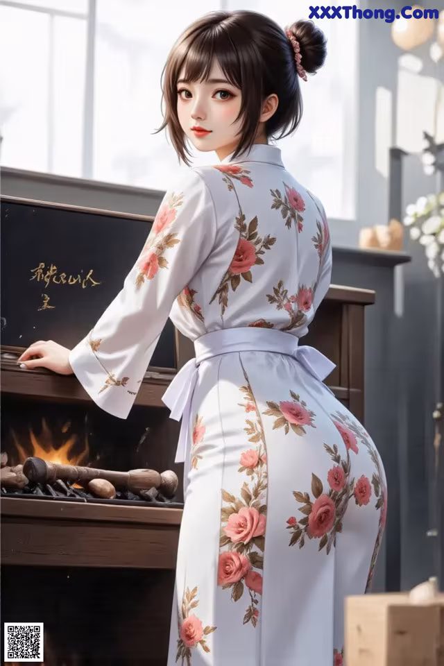 a woman in a white kimono standing next to a fireplace