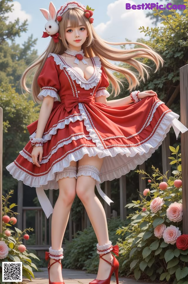 A woman in a red and white dress posing for a picture.