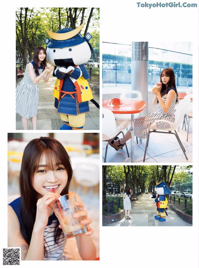 A collage of photos of a woman sitting at a table with a drink.