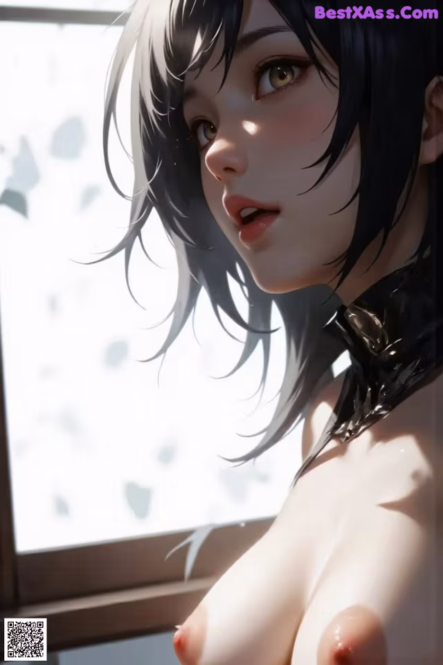 A woman with black hair and a black collar is looking out a window.