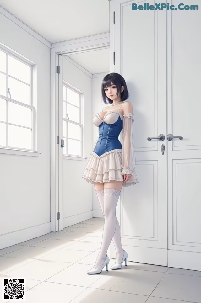A woman in a blue corset and white stockings standing in a room.