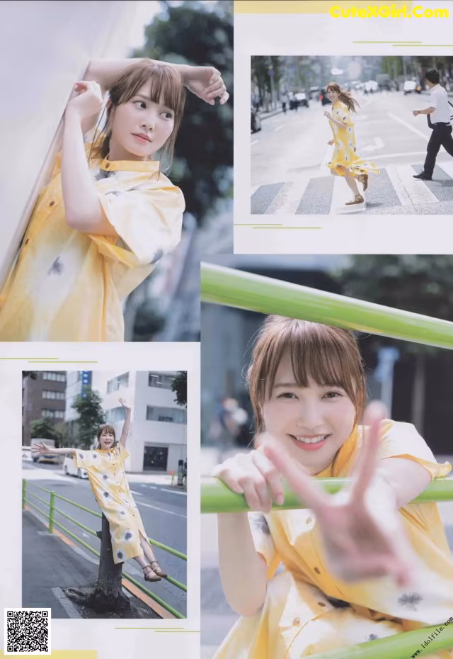 A woman in a yellow dress is posing for a magazine.