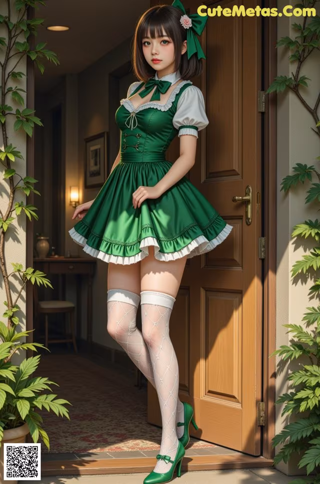 A woman in a green dress and white stockings posing for a picture.