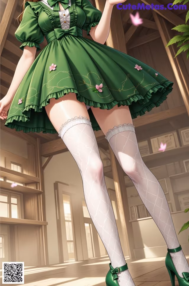 A woman in a green dress and white stockings is posing for a picture.