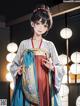 A woman in a blue and red kimono standing in front of lanterns.