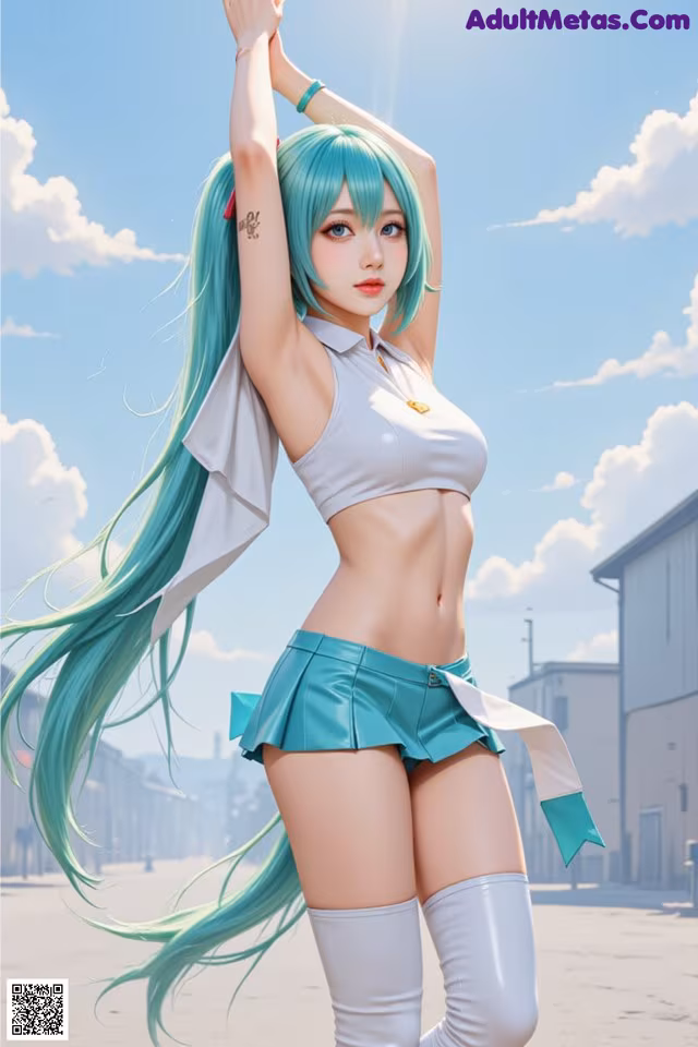A woman with long green hair wearing a white top and green skirt.